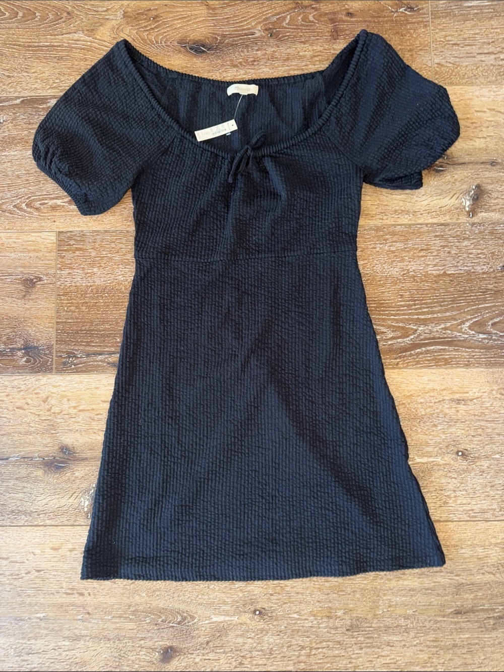 NWT - Madewell Dress Seersucker Knit Puff-Sleeve Mini Stretchy True Black XS
